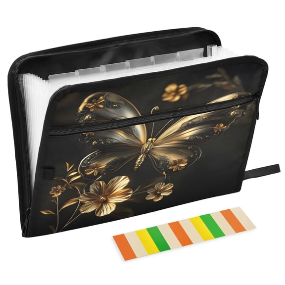 ALAZA Expanding File Folder 13 Pockets Accordion Document Organizer with Zipper A4 Letter Size, 3d Golden Butterfly