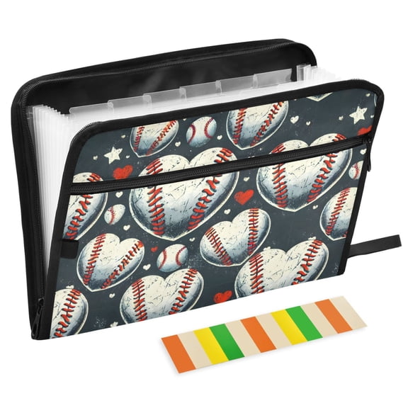 ALAZA Expanding File Folder 13 Pockets Accordion Document Organizer with Zipper A4 Letter Size, Baseball Heart Shape