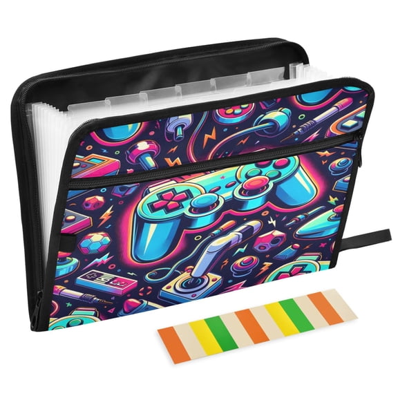 ALAZA Expanding File Folder 13 Pockets Accordion Document Organizer with Zipper A4 Letter Size, Bright Pattern with Game