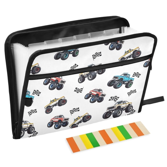ALAZA Expanding File Folder 13 Pockets Accordion Document Organizer with Zipper A4 Letter Size, Car Trucks Cartoon Checkered Flag