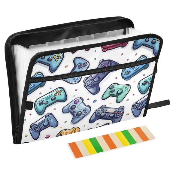 ALAZA Expanding File Folder 13 Pockets Accordion Document Organizer with Zipper A4 Letter Size, Cartoon Game Controller