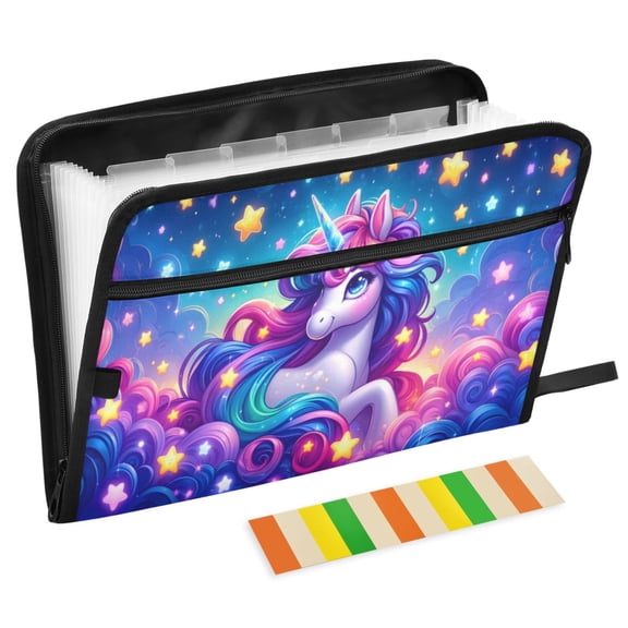 ALAZA Expanding File Folder 13 Pockets Accordion Document Organizer with Zipper A4 Letter Size, Cartoon Unicorn Rainbow Stars