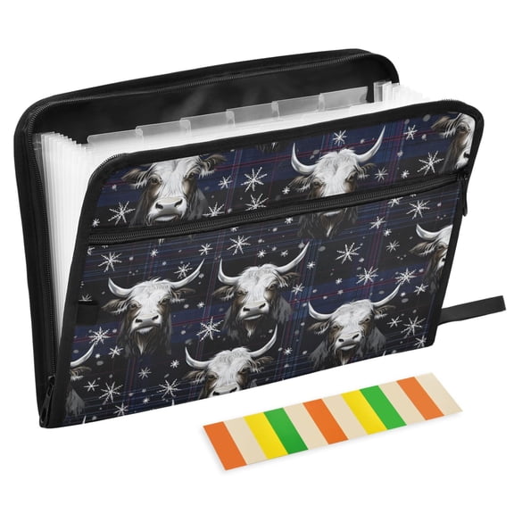 ALAZA Expanding File Folder 13 Pockets Accordion Document Organizer with Zipper A4 Letter Size, Christmas Snow Cow Checkered
