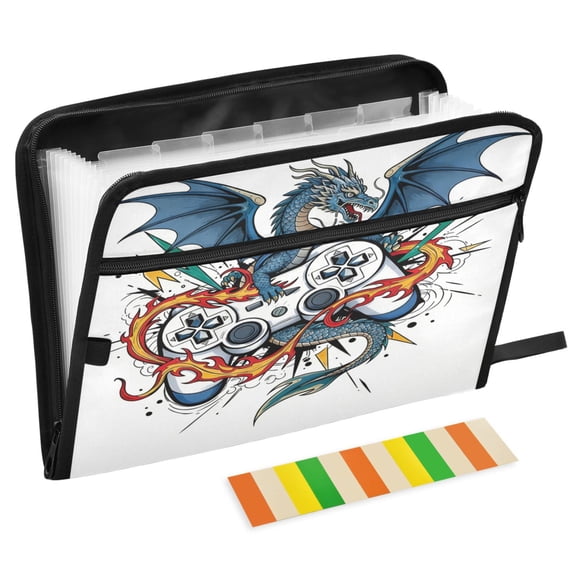 ALAZA Expanding File Folder 13 Pockets Accordion Document Organizer with Zipper A4 Letter Size, Dragon Game Controller