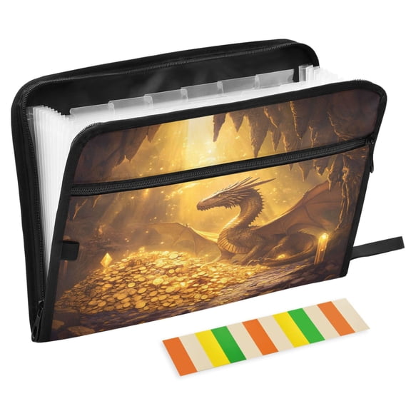 ALAZA Expanding File Folder 13 Pockets Accordion Document Organizer with Zipper A4 Letter Size, Dragon in Golden