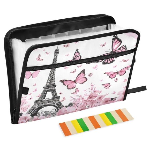 ALAZA Expanding File Folder 13 Pockets Accordion Document Organizer with Zipper A4 Letter Size, Eiffel Tower Butterflies
