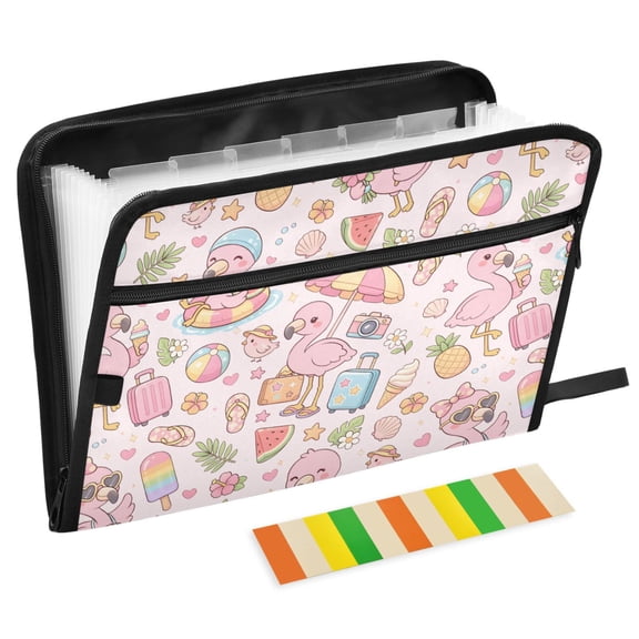 ALAZA Expanding File Folder 13 Pockets Accordion Document Organizer with Zipper A4 Letter Size, Flamingo Summer Beach