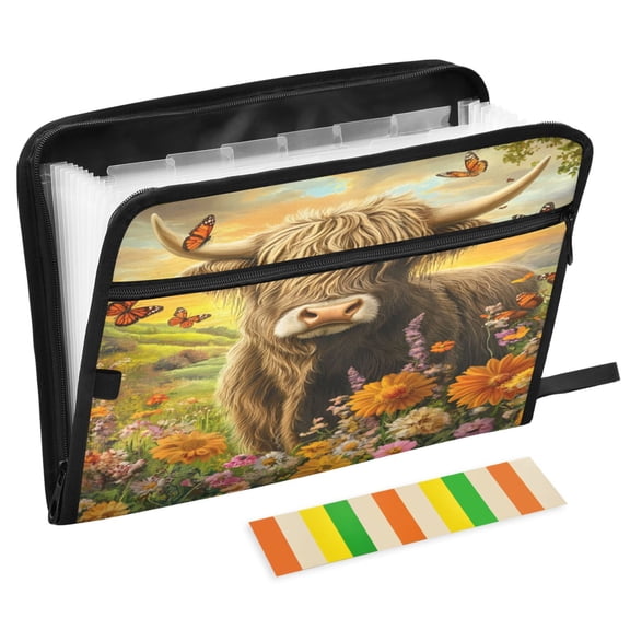 ALAZA Expanding File Folder 13 Pockets Accordion Document Organizer with Zipper A4 Letter Size, Highland Cow Butterflies