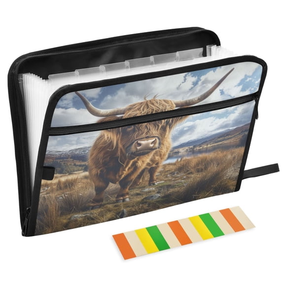 ALAZA Expanding File Folder 13 Pockets Accordion Document Organizer with Zipper A4 Letter Size, Highland Cow