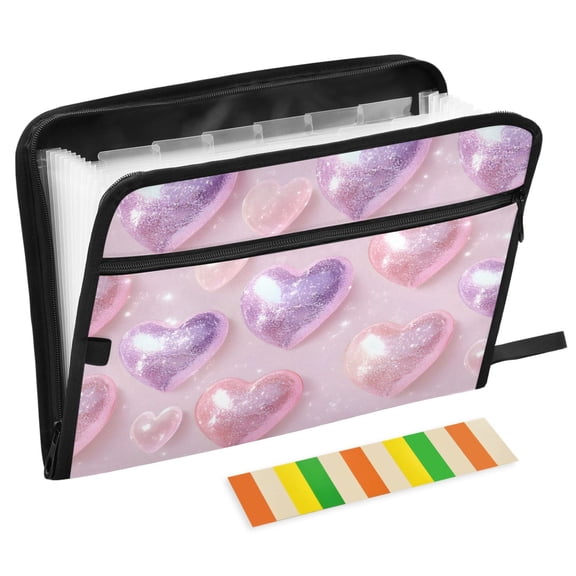 ALAZA Expanding File Folder 13 Pockets Accordion Document Organizer with Zipper A4 Letter Size, Holographic Glitter Hearts-a2