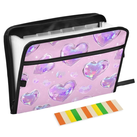 ALAZA Expanding File Folder 13 Pockets Accordion Document Organizer with Zipper A4 Letter Size, Holographic Glitter Hearts