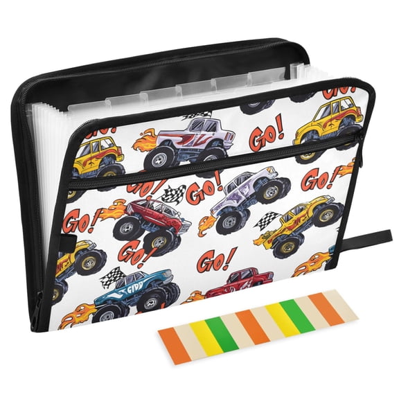 ALAZA Expanding File Folder 13 Pockets Accordion Document Organizer with Zipper A4 Letter Size, Monster Trucks