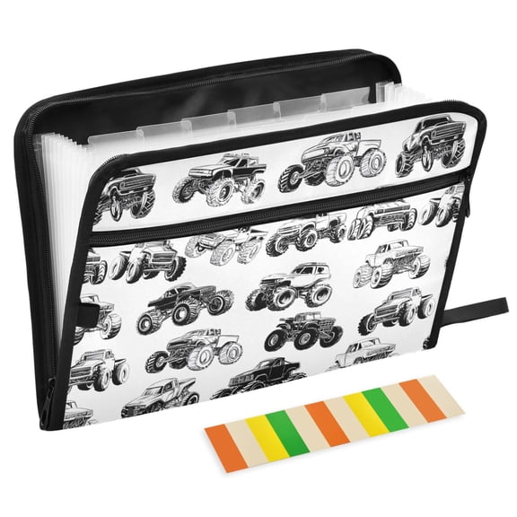 ALAZA Expanding File Folder 13 Pockets Accordion Document Organizer with Zipper A4 Letter Size, Monster Trucks