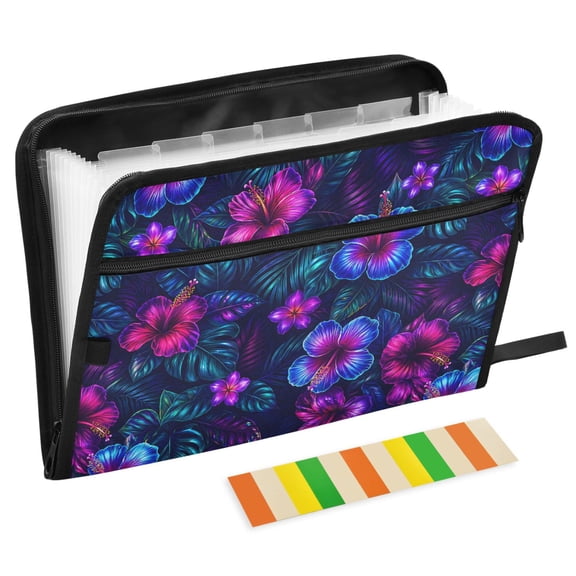 ALAZA Expanding File Folder 13 Pockets Accordion Document Organizer with Zipper A4 Letter Size, Neon Hibiscus