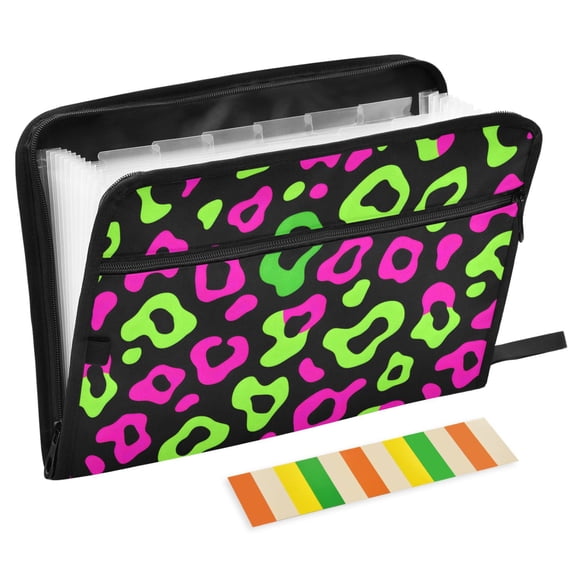 ALAZA Expanding File Folder 13 Pockets Accordion Document Organizer with Zipper A4 Letter Size, Neon Leopard Pattern