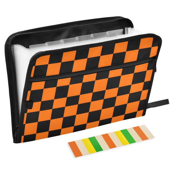 ALAZA Expanding File Folder 13 Pockets Accordion Document Organizer with Zipper A4 Letter Size, Orange Checkered Grid Pattern