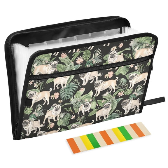 ALAZA Expanding File Folder 13 Pockets Accordion Document Organizer with Zipper A4 Letter Size, Pugs Dog Palm Leaves