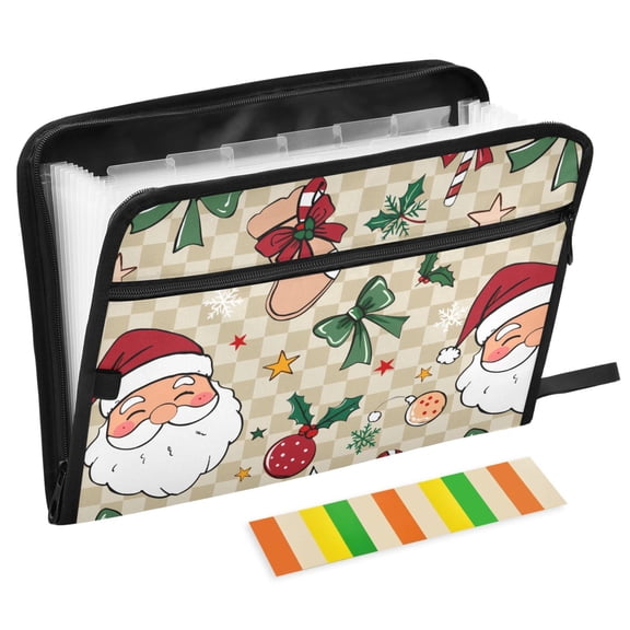 ALAZA Expanding File Folder 13 Pockets Accordion Document Organizer with Zipper A4 Letter Size, Retro Checkered Santa Claus
