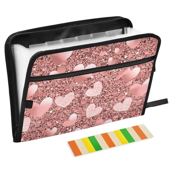 ALAZA Expanding File Folder 13 Pockets Accordion Document Organizer with Zipper A4 Letter Size, Rose Golden Glitter Hearts