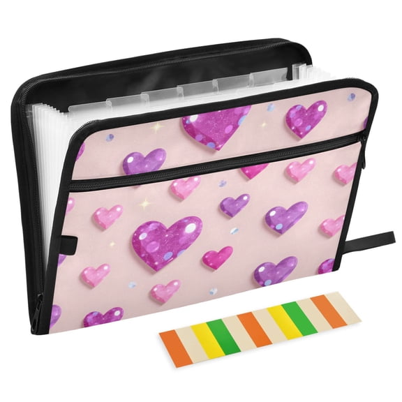 ALAZA Expanding File Folder 13 Pockets Accordion Document Organizer with Zipper A4 Letter Size, Sparkling Hearts Shiny