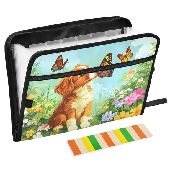 ALAZA Expanding File Folder 13 Pockets Accordion Document Organizer with Zipper A4 Letter Size, Summer Dog Floral Butterfly