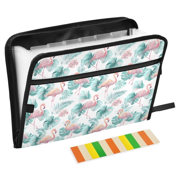 ALAZA Expanding File Folder 13 Pockets Accordion Document Organizer with Zipper A4 Letter Size, Summer Flamingo Tropical Leave