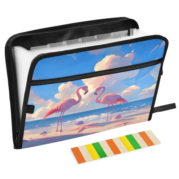 ALAZA Expanding File Folder 13 Pockets Accordion Document Organizer with Zipper A4 Letter Size, Summer Flamingo on Beach