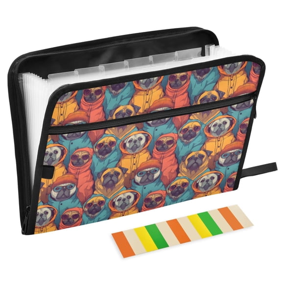 ALAZA Expanding File Folder 13 Pockets Accordion Document Organizer with Zipper A4 Letter Size, Trendy Pug and Bulldog