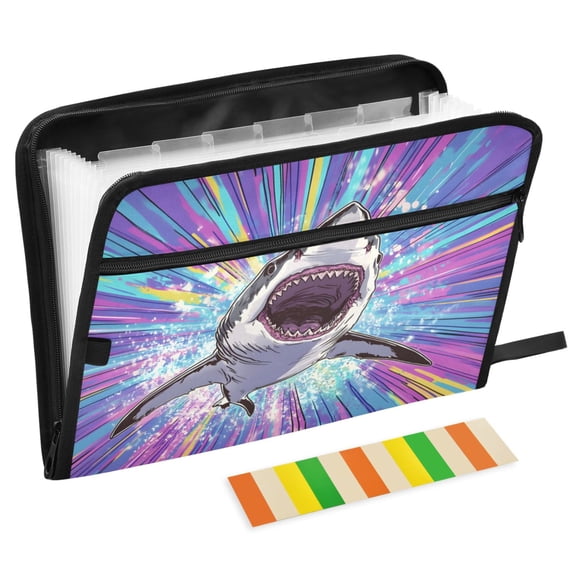 ALAZA Expanding File Folder 13 Pockets Accordion Document Organizer with Zipper A4 Letter Size, Vibrant Neon Shark