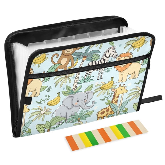 ALAZA Expanding File Folder 13 Pockets Accordion Document Organizer with Zipper A4 Letter Size, Zoo Elephant Monkey Giraffe