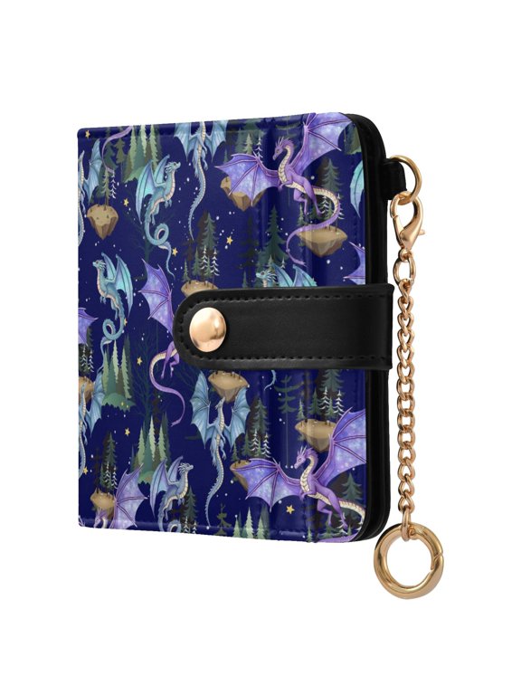 Fantasy Dragons Pattern RFID Blocking Bifold Wallet Women Compact Card Holder with ID Window Zipper Coin Pocket