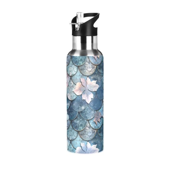 ALAZA Fantasy Mermaid Scale Flower Water Bottle Insulated Flask Stainless Steel Straw Lid 20 oz