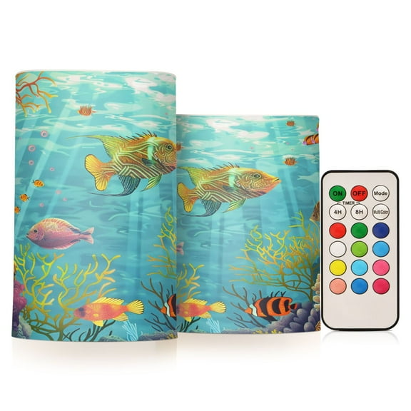 ALAZA Fish Ocean View Pattern 2 PCs LED Flickering Flameless Candles with Remote Timer Battery Operated Candle