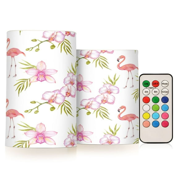 ALAZA Flamingo Flowers 2 PCs LED Flickering Flameless Candles with Remote Timer Battery Operated Candle