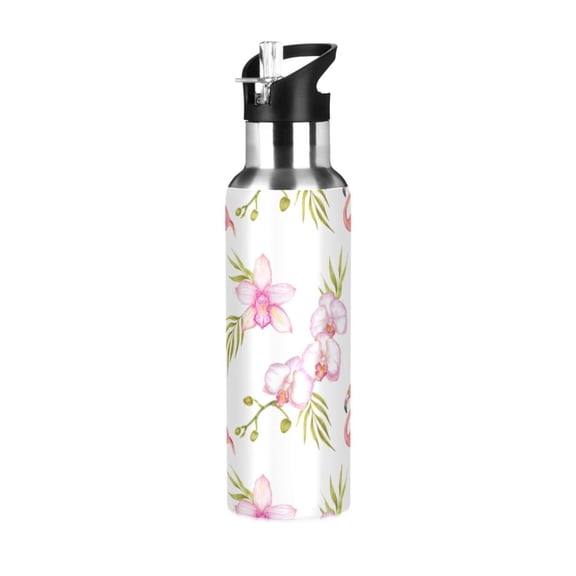 ALAZA Flamingo Flowers Water Bottle Insulated Flask Stainless Steel Straw Lid 20 oz