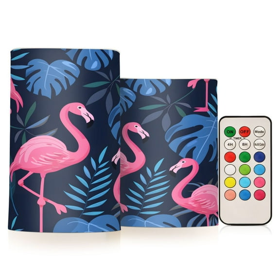 ALAZA Flamingo Summer Palm Leaves 2 PCs LED Flickering Flameless Candles with Remote Timer Battery Operated Candle
