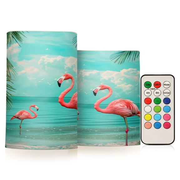 ALAZA Flamingo Summer Tropical Palm Tree 2 PCs LED Flickering Flameless Candles with Remote Timer Battery Operated Candle