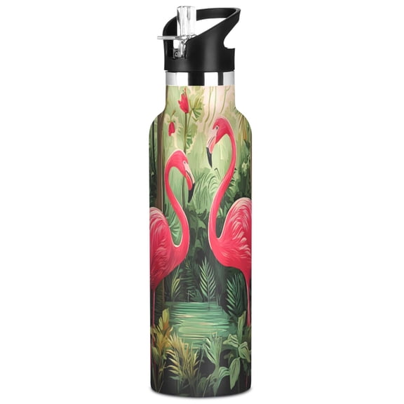 ALAZA Flamingo Tropical Rainforest Pattern Stainless Steel Water Bottle Vacuum Insulated Leak-Proof Tumbler with Straw Handle 20oz
