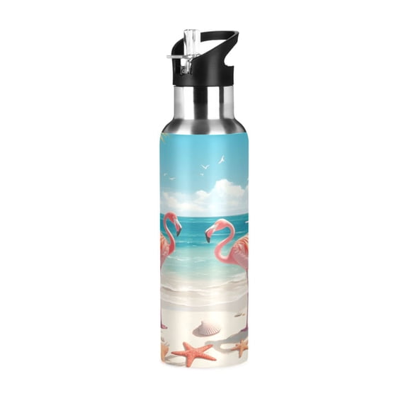 ALAZA Flamingos and Starfish Shells on Beach Water Bottle Insulated Flask Stainless Steel Straw Lid 20 oz
