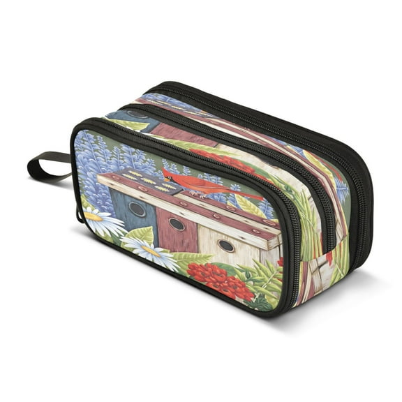 ALAZA Floral Cardinal Lavenders Pencil Case Bag 3 Compartment Pen Pouch Large Storage Holder Box Organizer