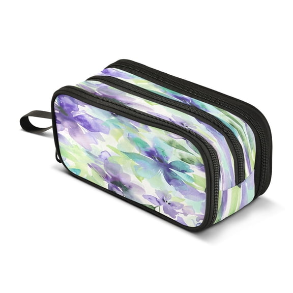 ALAZA Floral Pattern in Purple Pencil Case Bag 3 Compartment Pen Pouch Large Storage Holder Box Organizer