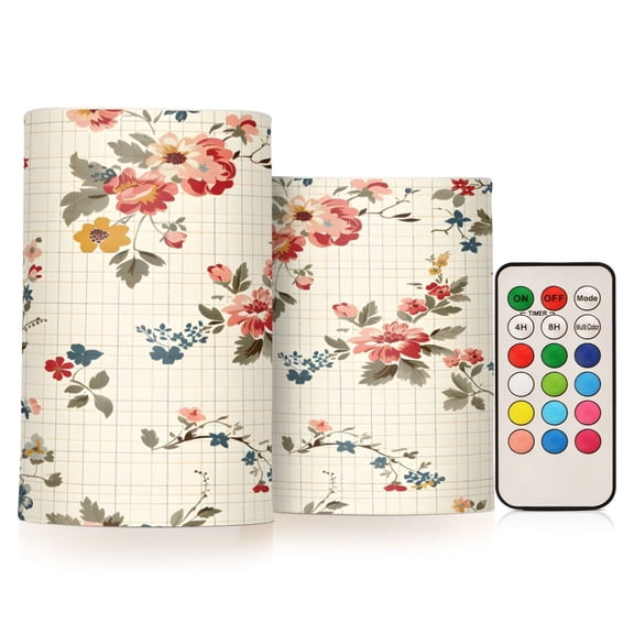 ALAZA Floral on Checkered 2 PCs LED Flickering Flameless Candles with Remote Timer Battery Operated Candle