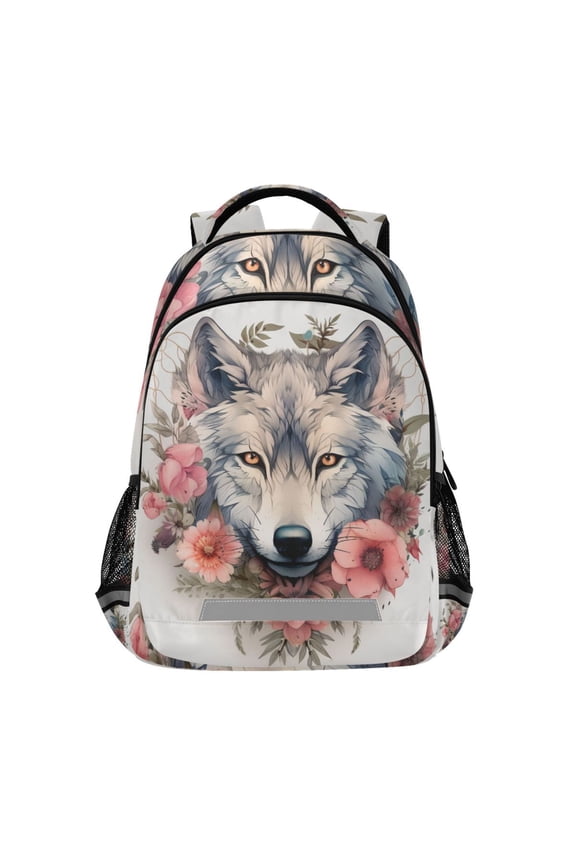 Floral on Wolf Backpack Elementary School Bag Bookbag Travel Rucksack
