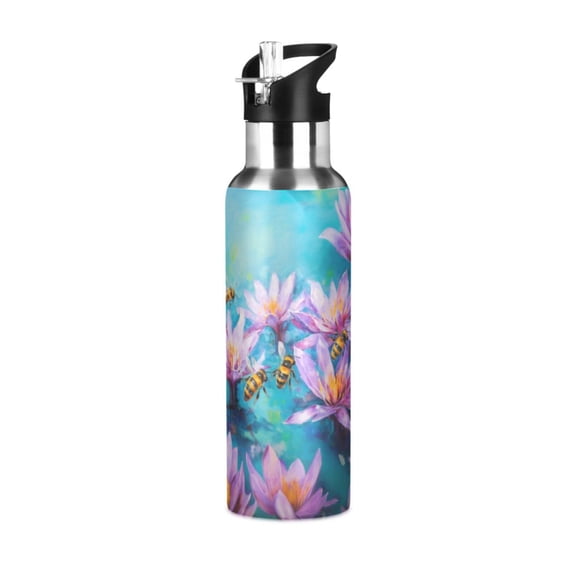 ALAZA Flower and Bee Water Bottle Insulated Flask Stainless Steel Straw Lid 20 oz