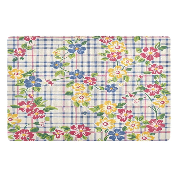 ALAZA Flower on Checkered Grid Door Mat Outdoor Indoor Entrance Low Profile Floor Rugs 32"x20"
