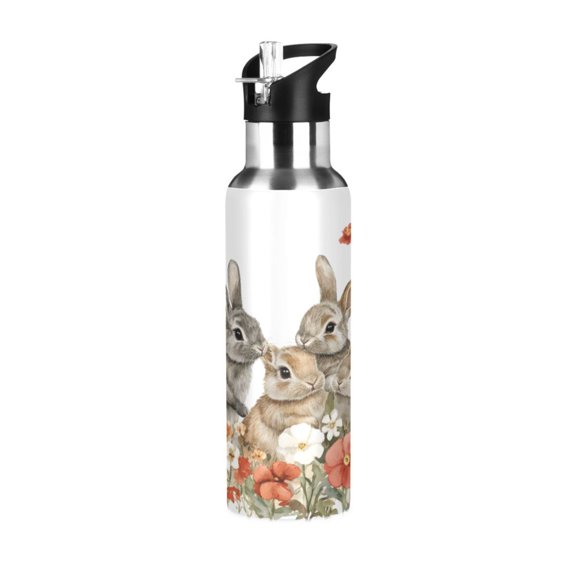 ALAZA Flowers Bunny Water Bottle Insulated Flask Stainless Steel Straw Lid 20 oz