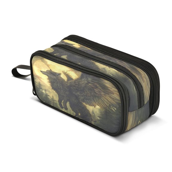 ALAZA Flying Wolf with Moon Pencil Case Bag 3 Compartment Pen Pouch Large Storage Holder Box Organizer
