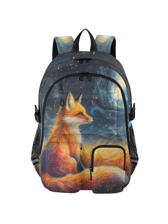 Fox Starry Night Print Student Backpack School Bookbag Large Laptop Daypack Travel Bag