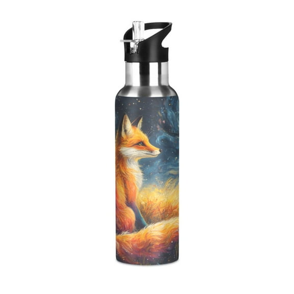 ALAZA Fox Starry Night Water Bottle Insulated Flask Stainless Steel Straw Lid 20 oz