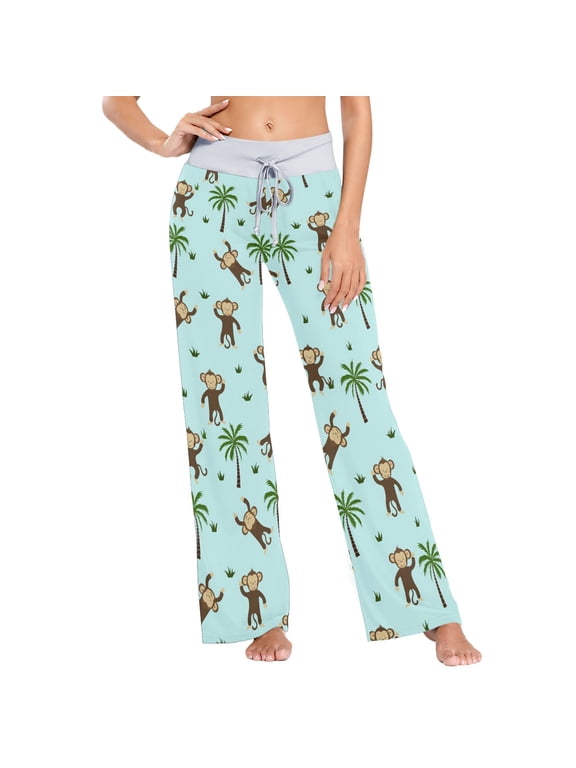 Funny Monkey and Tree Palm Women's Comfy Pajama Pants Sleepwear Wide Leg Drawstring Bottoms XS